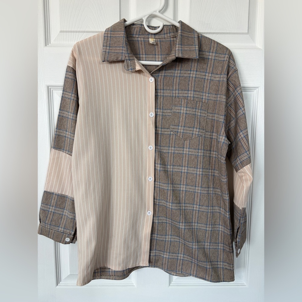 YesStyle Mixed Print Color Block Collared Button Down Shirt (Size L)